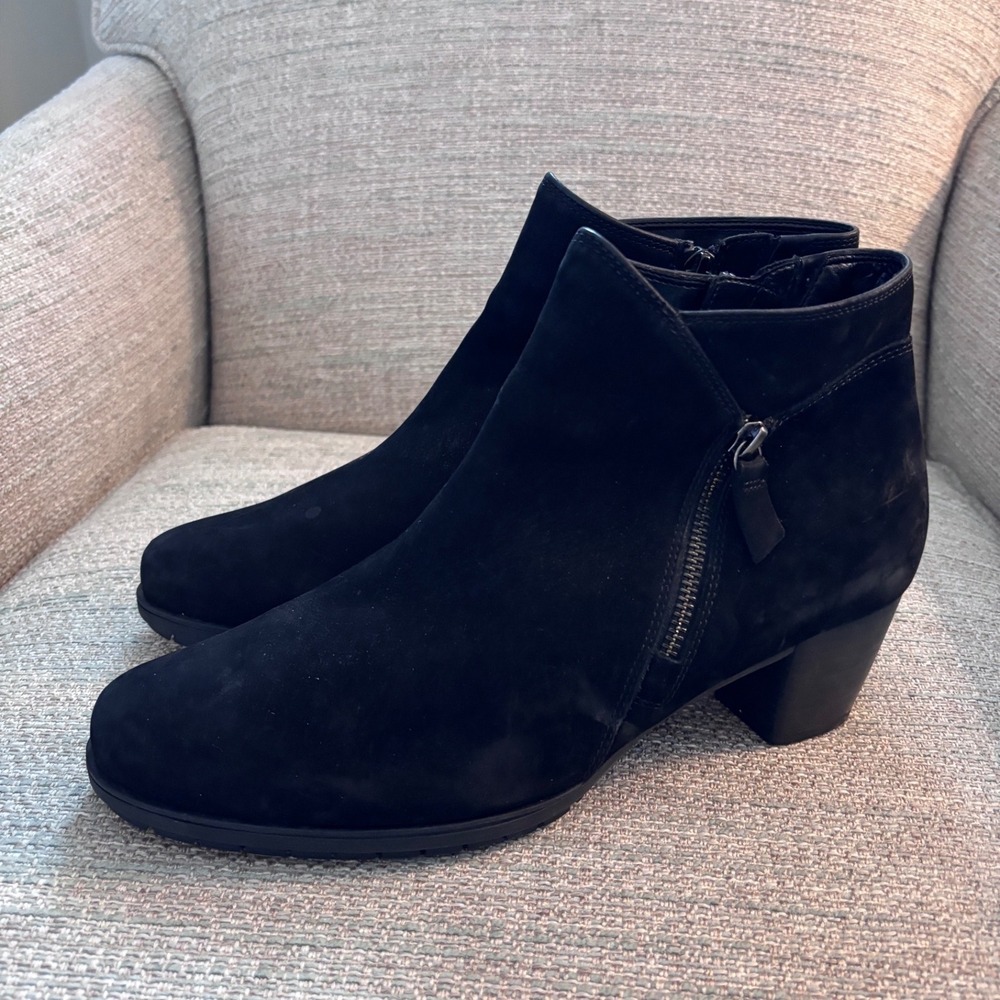 Gabor Comfort-H Black Suede Ankle Boots‎ Side Zip Block Heel 96.603 7.5 UK 10 US